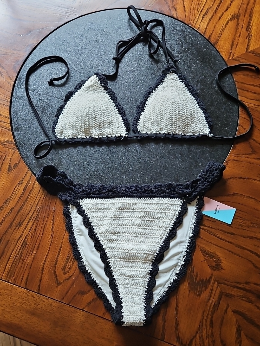 Ardene Swim Cotton Crochet 2 Piece Bikini In White/Black Trim L